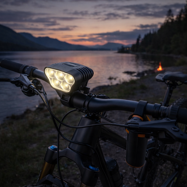 Black bike headlight with six lenses and top button (5000 LM)