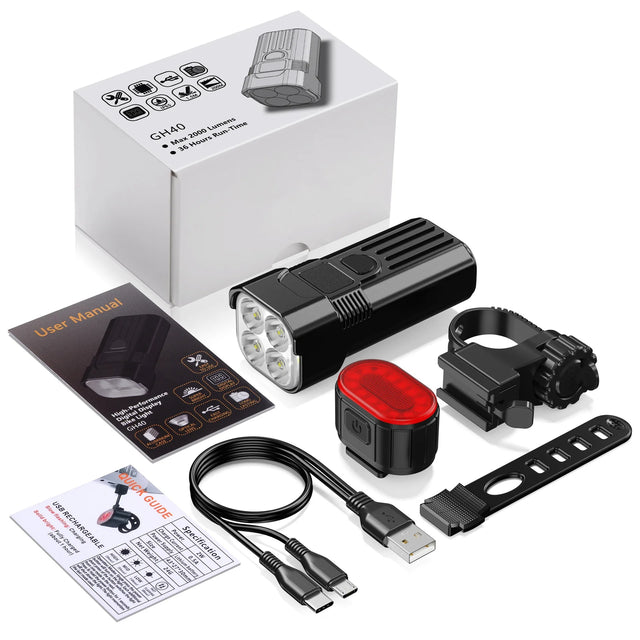 Black bike light set with front multi-lens headlight and rear light