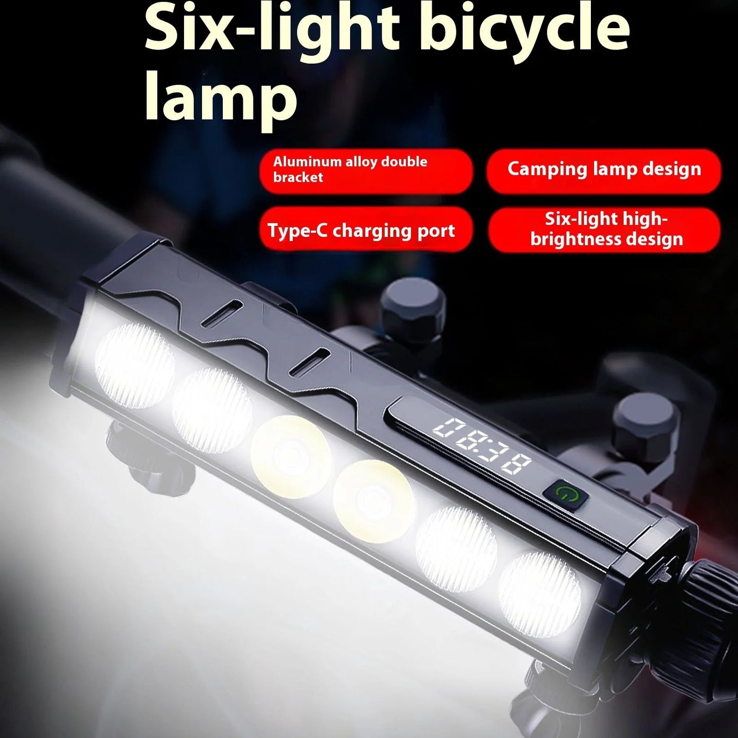 Black handlebar bike light with six lenses and display