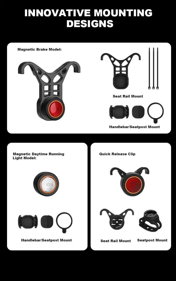 Black round bike light with red lens and hook mount