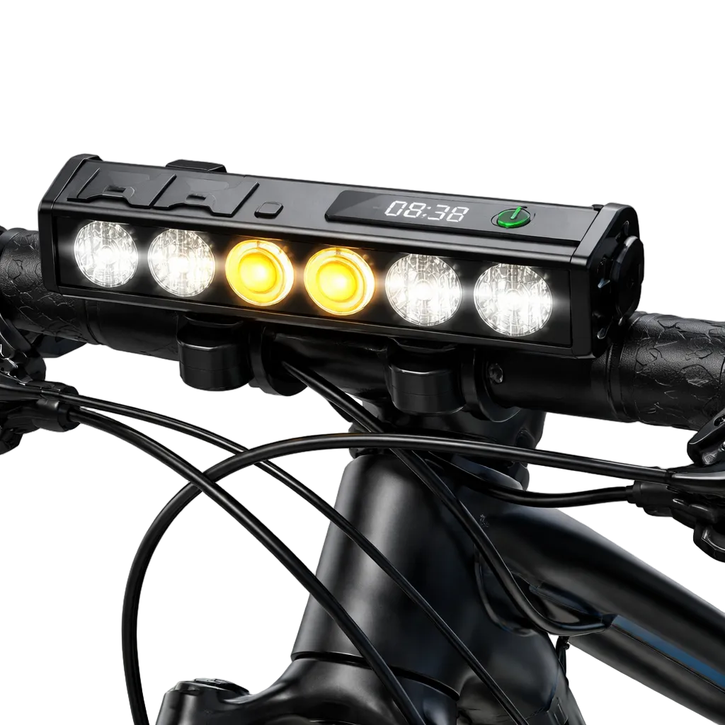 Black handlebar bike light with six lenses and display
