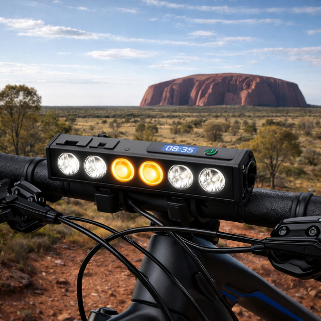 Black handlebar bike light with six lenses and display
