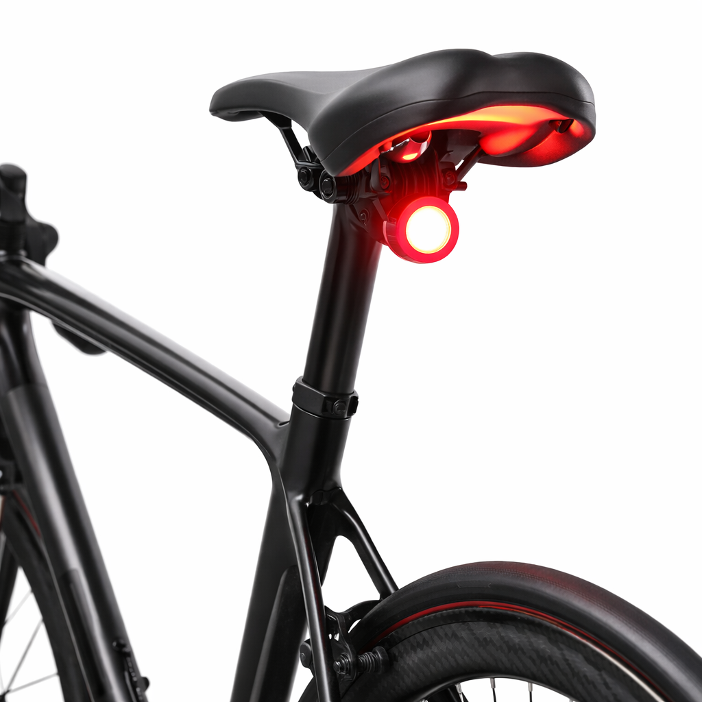 Black round bike light with red lens and hook mount