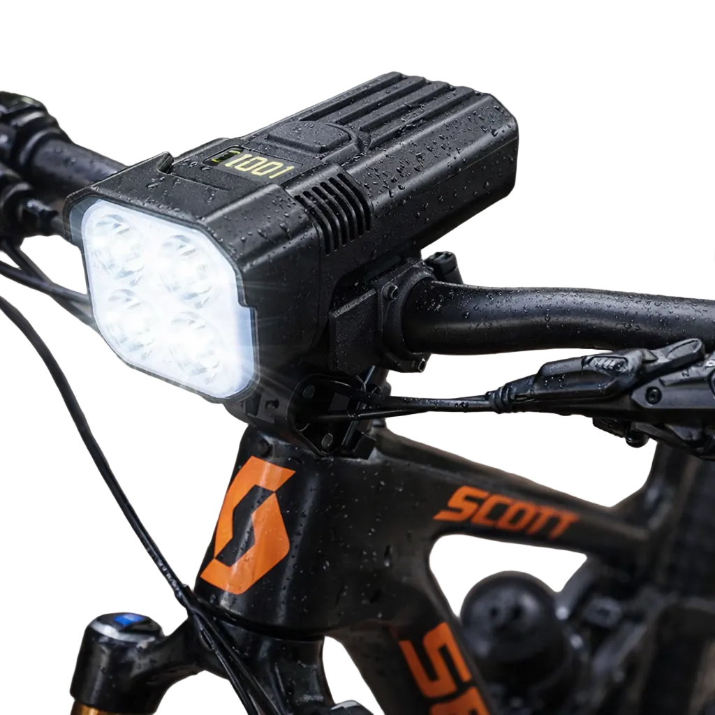 Black bike light set with front multi-lens headlight and rear light