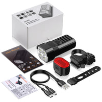 Black bike light set with front multi-lens headlight and rear light