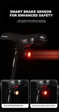 Black round bike light with red lens and hook mount