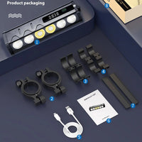 Black handlebar bike light with six lenses and display