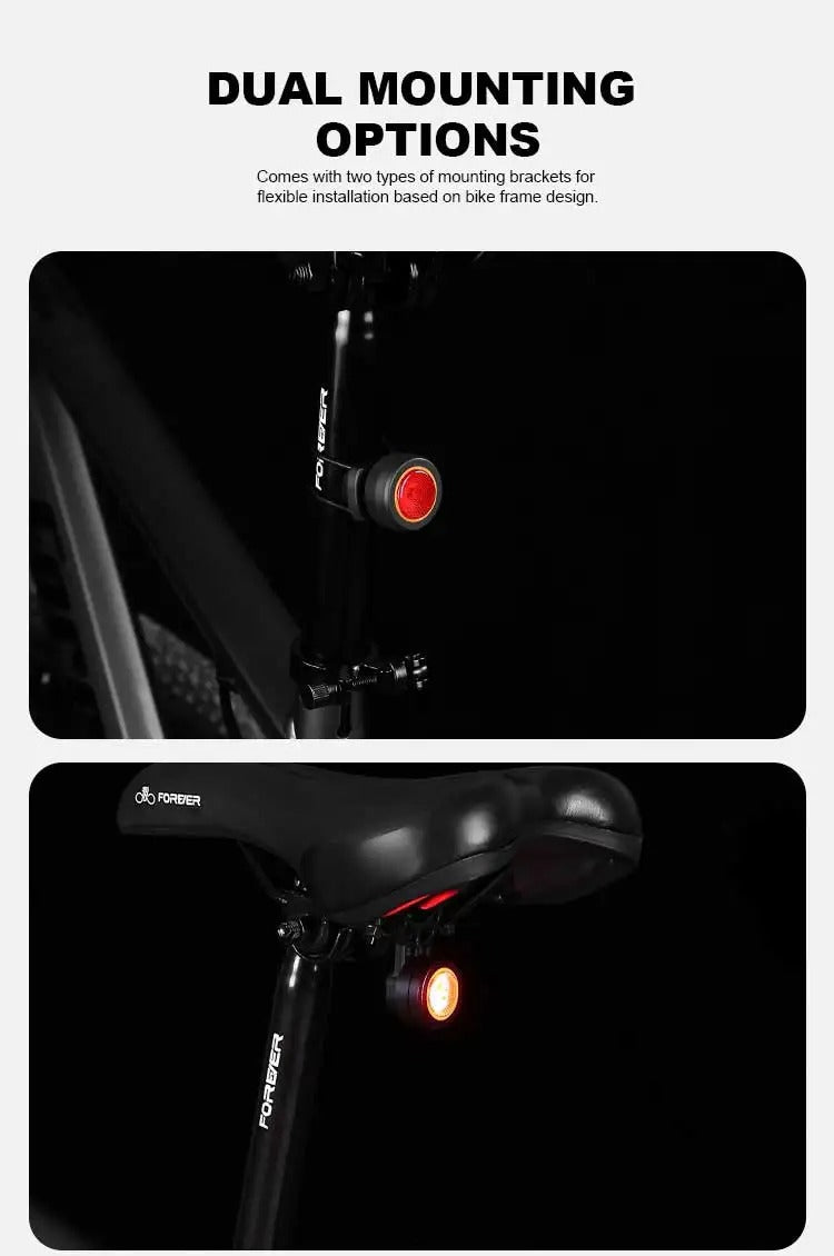 Black round bike light with red lens and hook mount