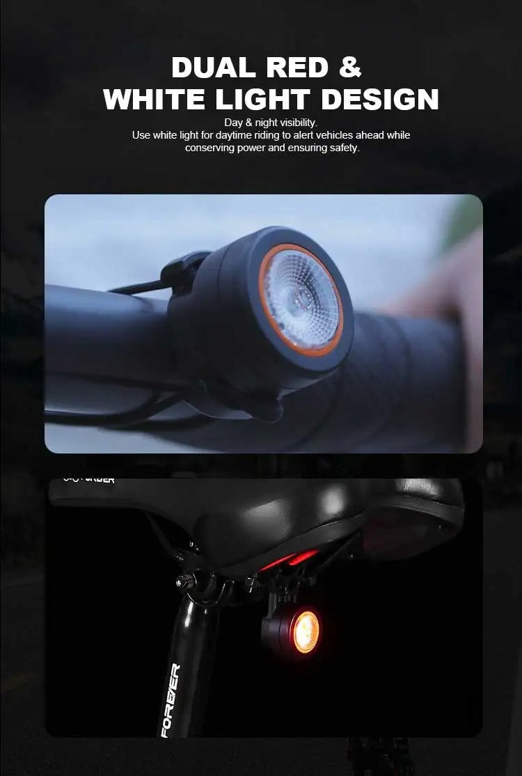 Black round bike light with red lens and hook mount