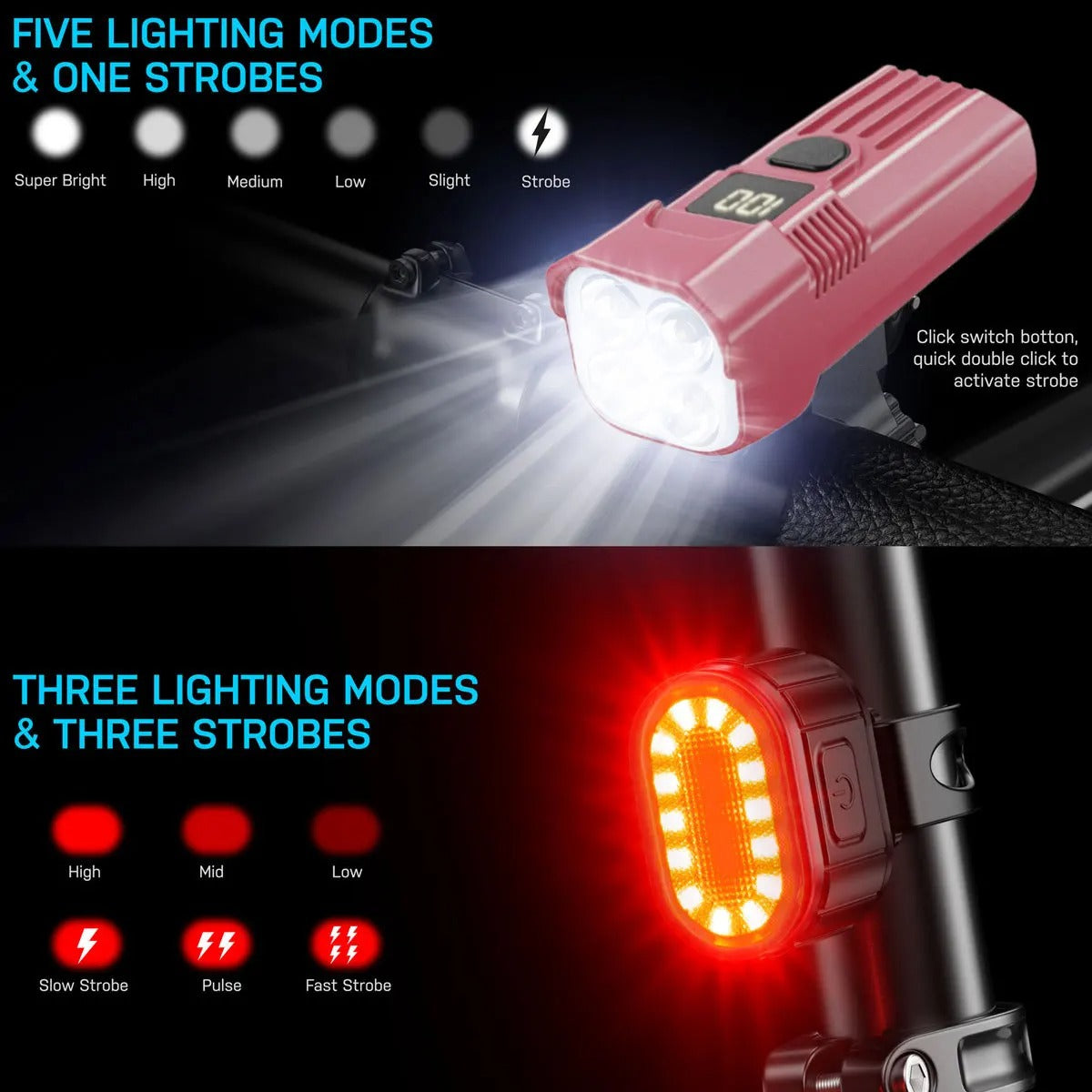 Black bike light set with front multi-lens headlight and rear light