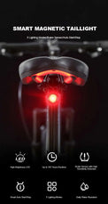 Black round bike light with red lens and hook mount