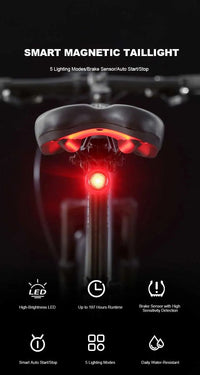 Black round bike light with red lens and hook mount