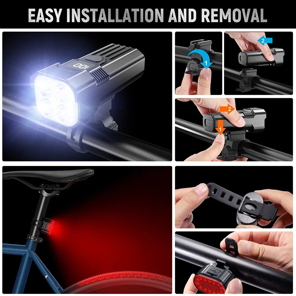 Black bike light set with front multi-lens headlight and rear light