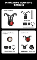 Black round bike light with red lens and hook mount