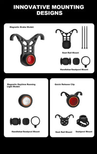 Black round bike light with red lens and hook mount