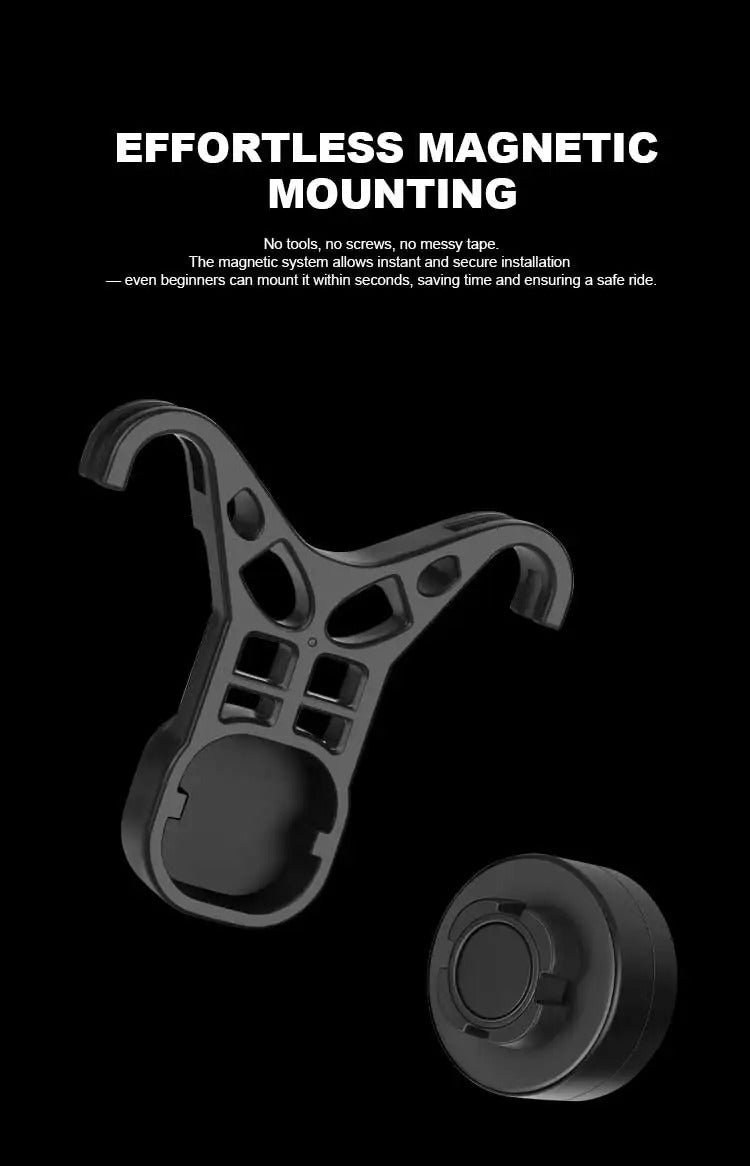 Black round bike light with red lens and hook mount