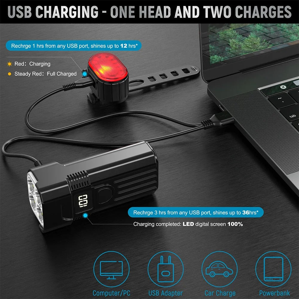 Black bike light set with front multi-lens headlight and rear light