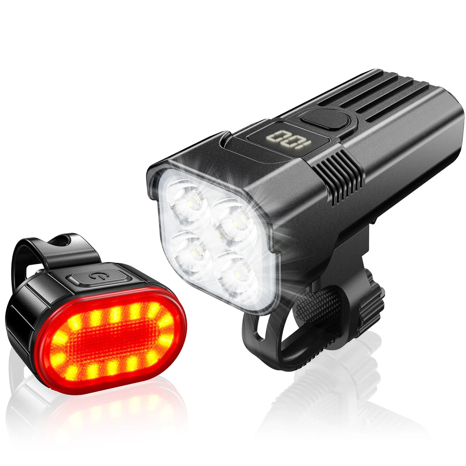 Black bike light set with front multi-lens headlight and rear light